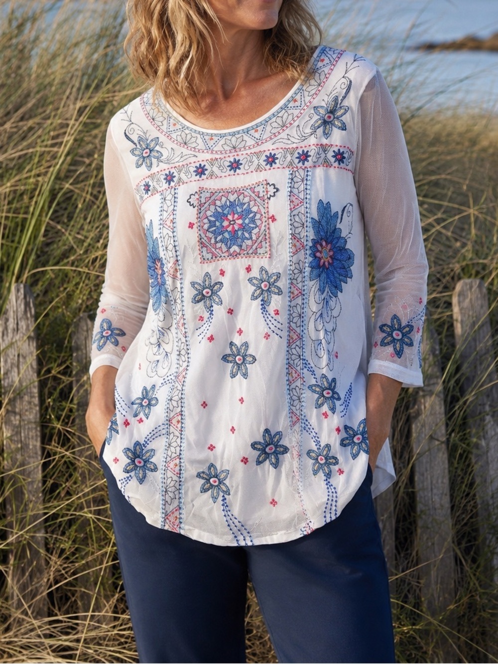 Nygård Sheer Mesh Embroidered Tunic Top, Small